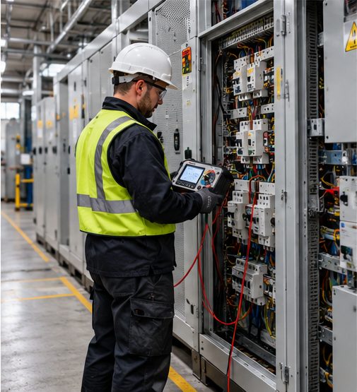 Engineer inspecting and testing LV switchgear in an industrial facility