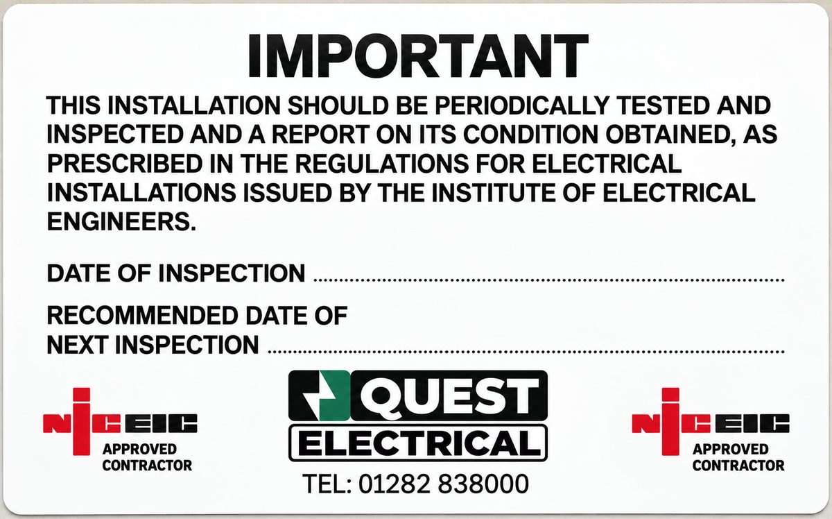 QUEST Electrical periodic inspection notice recording the date of inspection and the recommended date of next inspection