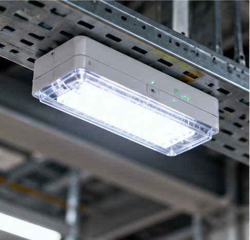 Emergency lighting bulkhead fitting mounted on cable tray