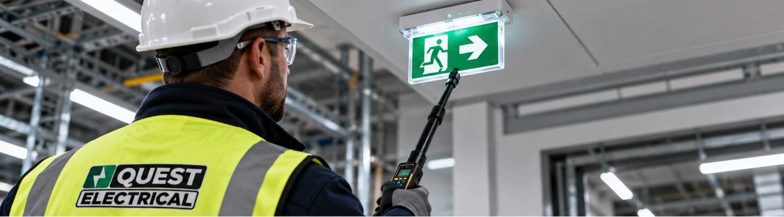 QUEST engineer testing an illuminated emergency exit sign in an industrial building