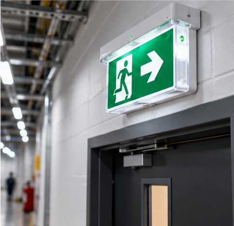 Illuminated running-man emergency exit sign above a fire door